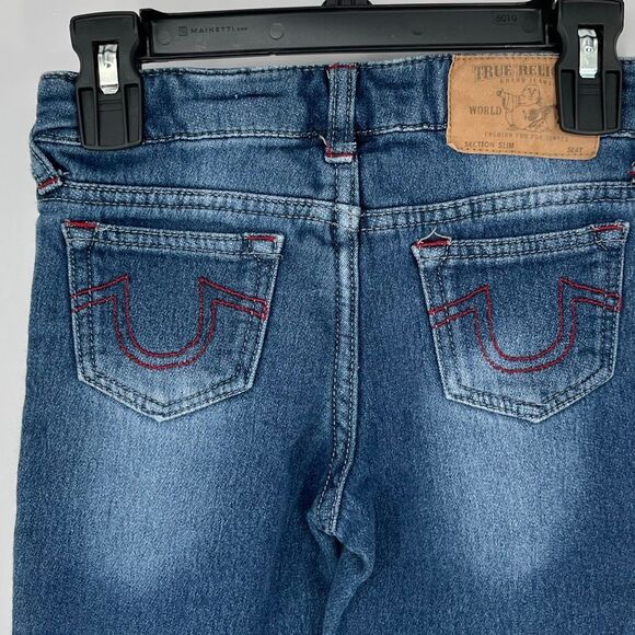 TRUE RELIGION Boys Slim Fit Jeans Size 4 Blue Denim Red Stitching Stretch Zipper - Picture 7 of 12